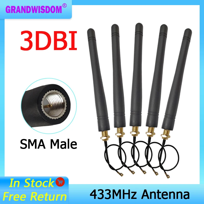 GRANDWISDOM 433mhz antenna 3dbi sma male lora antene iot module lorawan antene ipex 1 SMA female pigtail Extension Cable