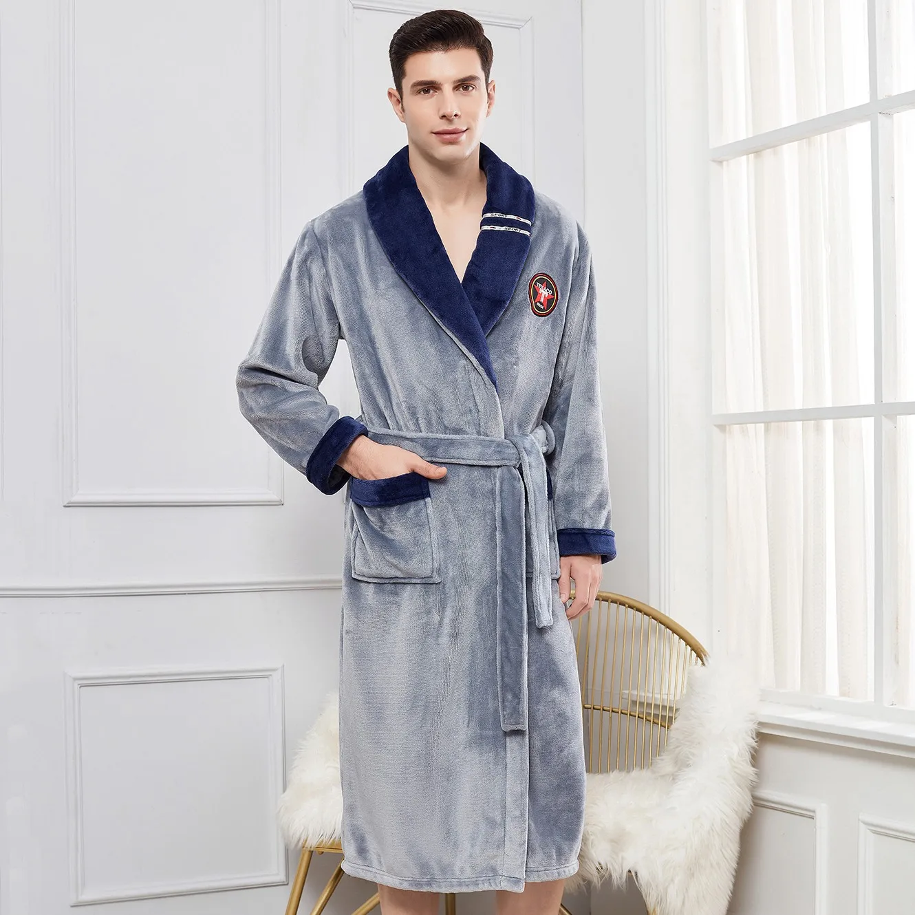 Plus Size 3XL 4XL Men Flannel Robe Sleepwear Thick Warm Long Bathrobe Nightgown Winter Coral Fleece Casual Nightwear Home Wear