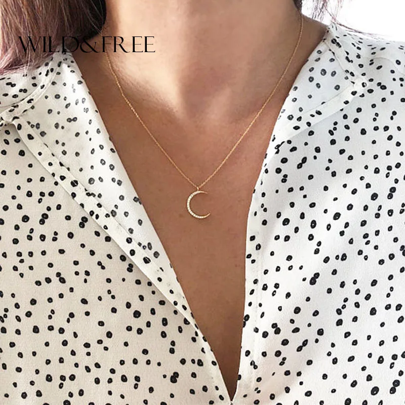 Wild&Free New Simple Crescent Moon Necklace Plain Half Moon Crystal Pendant Necklaces for Women Stainless Steel Fashion Jewelry