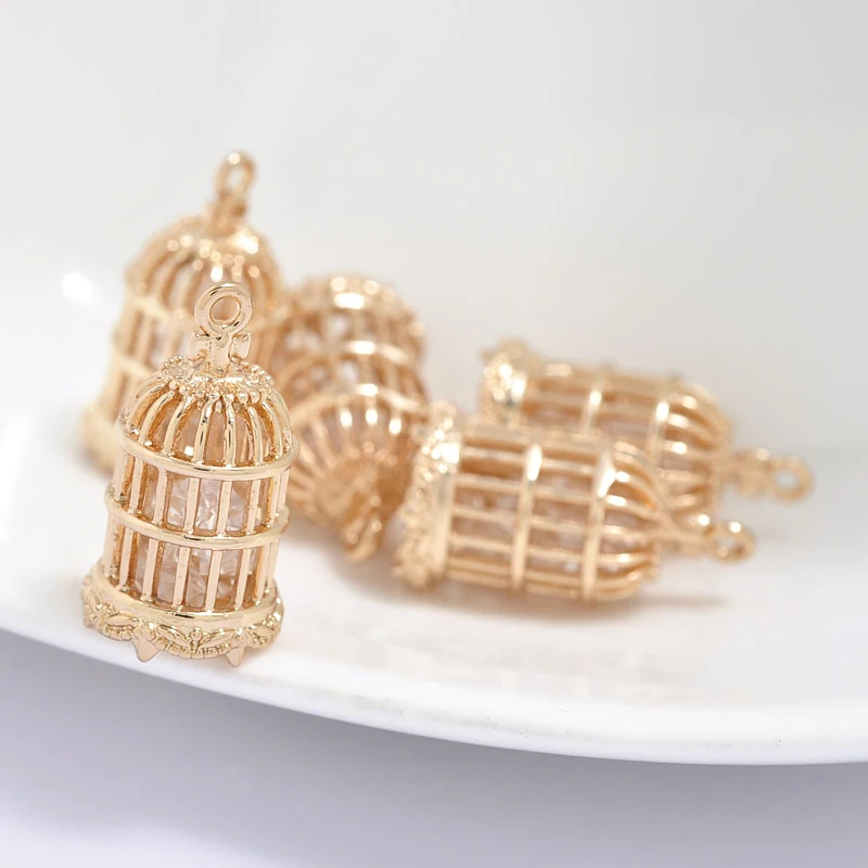 (1633) 4PCS 11x21MM 24K Champagne Gold Color Plated Brass with Zircon Bird Cage Charms Pendants High Quality Jewelry Accessories