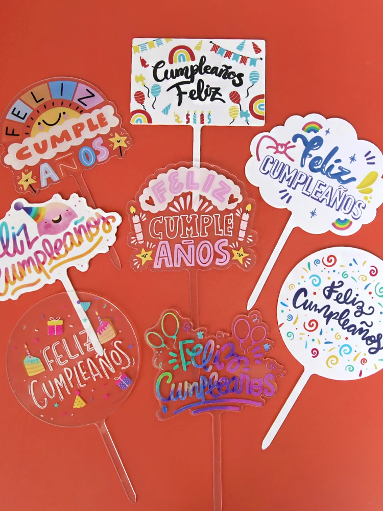 Feliz cumpleaños. Español Acrylic colorful Happy Birthday Cake Topper in Spanish for Party Decoration Baking Supplies Gifts