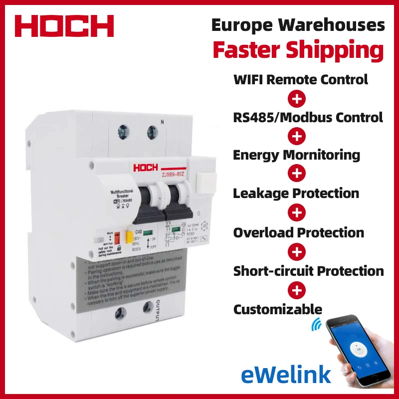 

HOCH Leakage Energy Monitoring WIFI Circuit Breaker FACTORY Timer Remote Control 2P Ewelink Wireless Smart RCBO Din Rail Switch