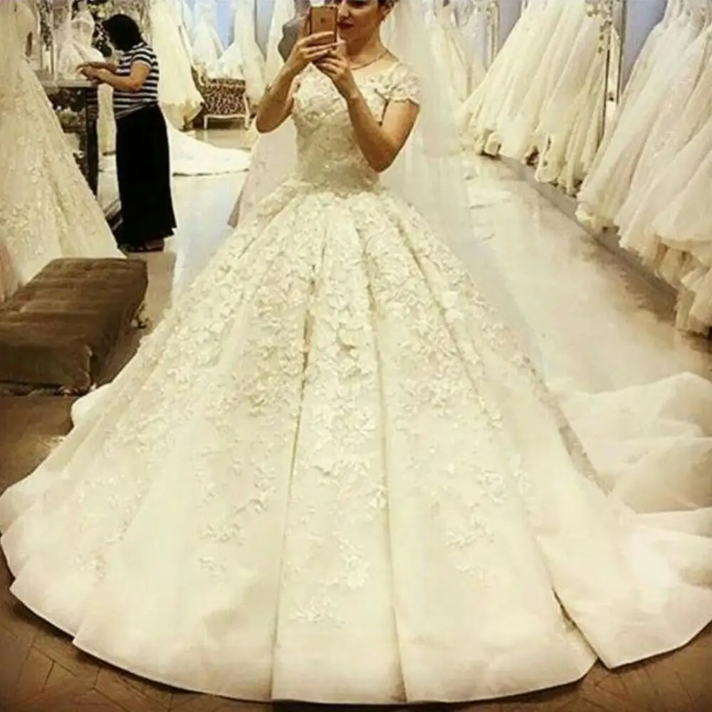 Robe De Mariage Flowers Luxury Appliques Lace Ruffle Ball V Neck Chapel Train Bridal gown 2018 mother of the bride dresses