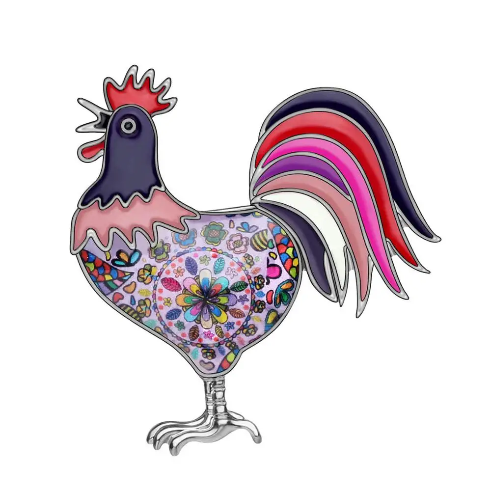 Bonsny Enamel Alloy Floral Rooster Fowl Chicken Brooches Clothes Scarf Pin Animal Jewelry For Women Girls Teens Party Gift Bulk