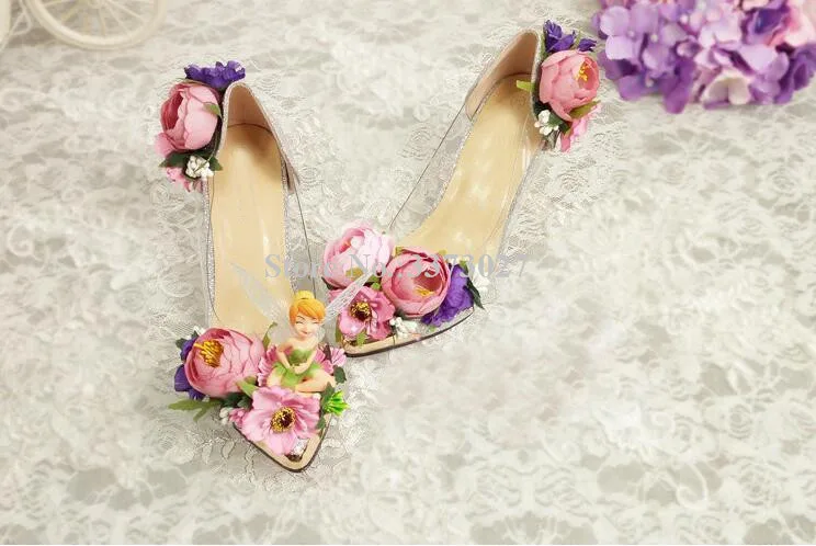 Wedding Party Dress Shoes Beautiful Pink Flowers Decor Woman silver high heel pointed toe sexy pumps slip-on female single shoes