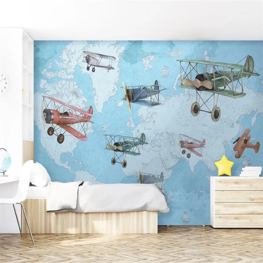 

Milofi custom 3D wallpaper mural blue world map children hand painted airplane background for living room bedroom decoration pai