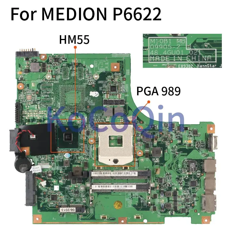 Laptop Motherboard For MEDION P6622 Notebook Mainboard 09905-2 48.4GU01.021 HM55 PGA 989 DDR3