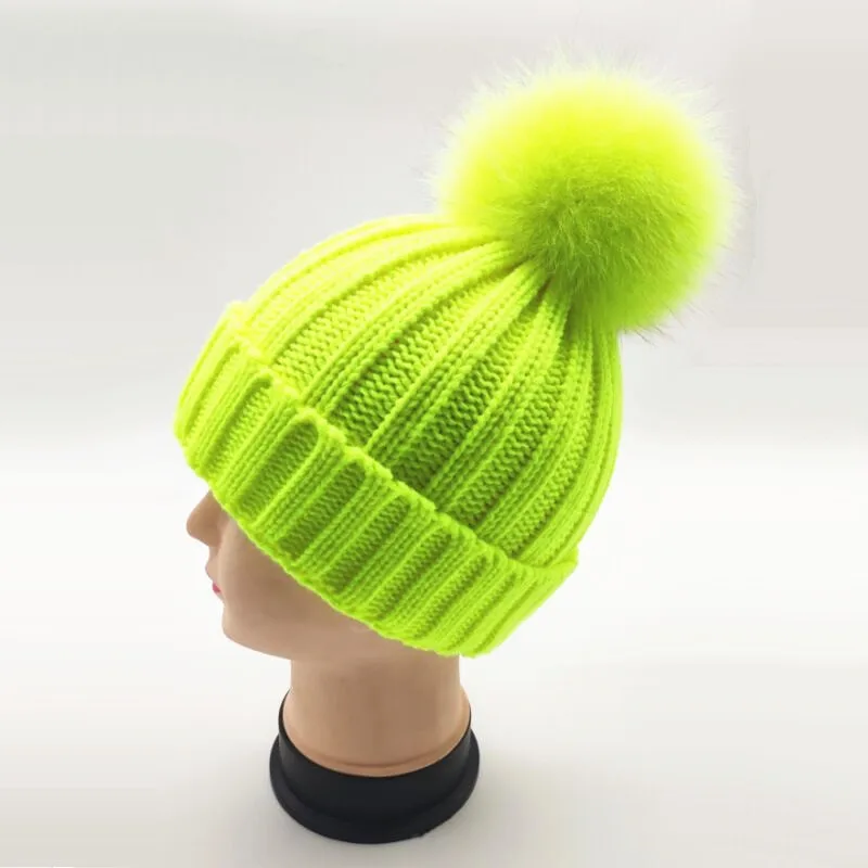 Kid Girl Baby Fluorescein Knitted Beanie Cap Women Man Casual Thick Warm Knitting Skullies Hat Real Fox Fur Pom pom Gorros