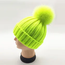 Kid Girl Baby Fluorescein Knitted Beanie Cap Women Man Casual Thick Warm Knitting Skullies Hat Real Fox Fur Pom pom Gorros