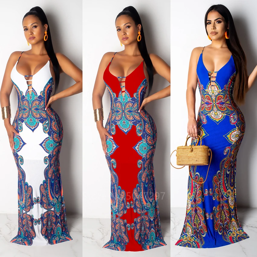 2022 New African Dresses Printed Sexy Maxi Party Women Spaghetti Strap Open Back Bodycon V Neck High Waist Floor Length Robe