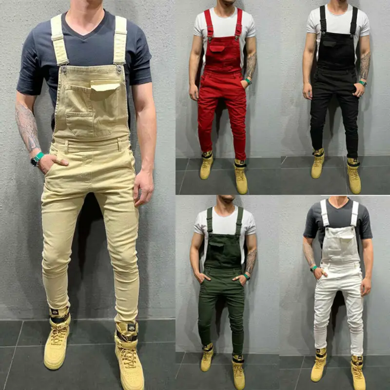 

New Fashion Men Denim Dungarees Jumpsuit Ripped Jeans Overalls Cargo Long Pants Trousers