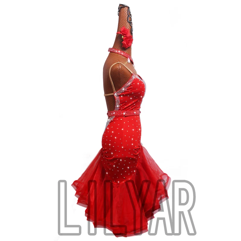 New Latin Dance Dress Latin Skirt Competition Costumes Performing Sparkly Rhinestones Red Fishbone  Custom made