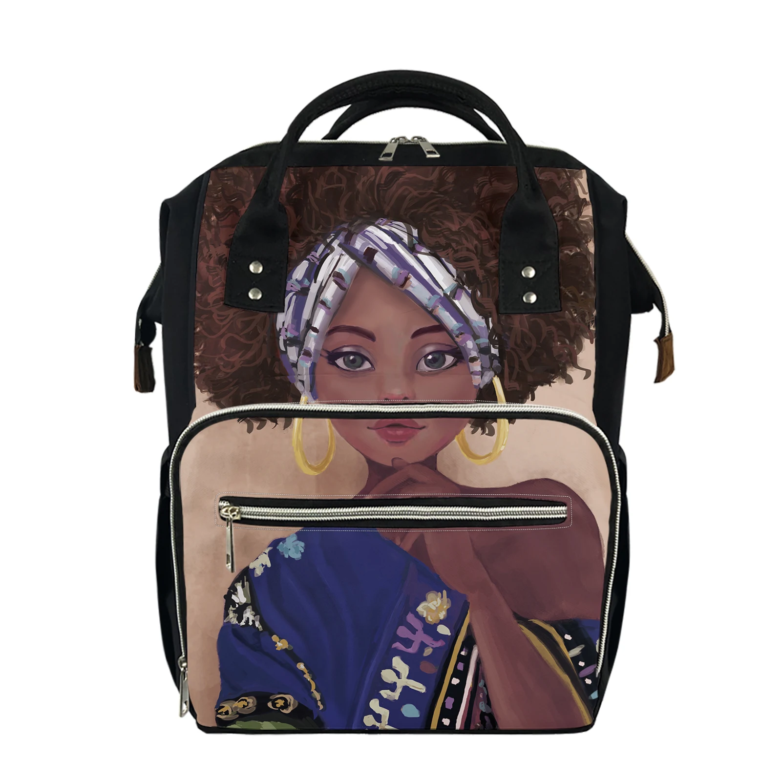 ELVISWORDS Brand Custom Mommy Bag African Girl Printing Backpack Large Capacity Baby bottle Mother Bag Mother and Baby Backpacks