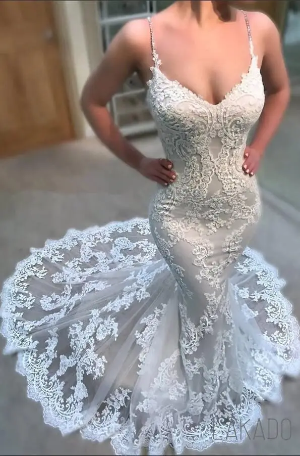 Vestidos de novia de encaje con tirantes finos a medida, vestido de sirena en línea