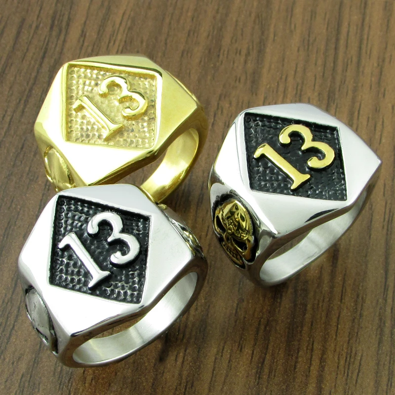 Free Shipping  Classic 316L Stainless Steel Gold Plated Big Skull Head Number 13 Solid Ring Jewelry