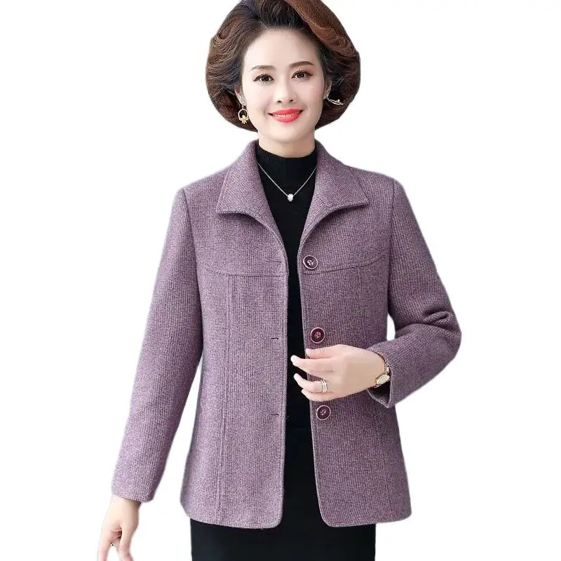 5XL Middle-Aged Elderly Mothers Spring Autumn Woolen Cloth Women Coat Winter New Ladies Lapel Single-Breasted Woolen Jacket