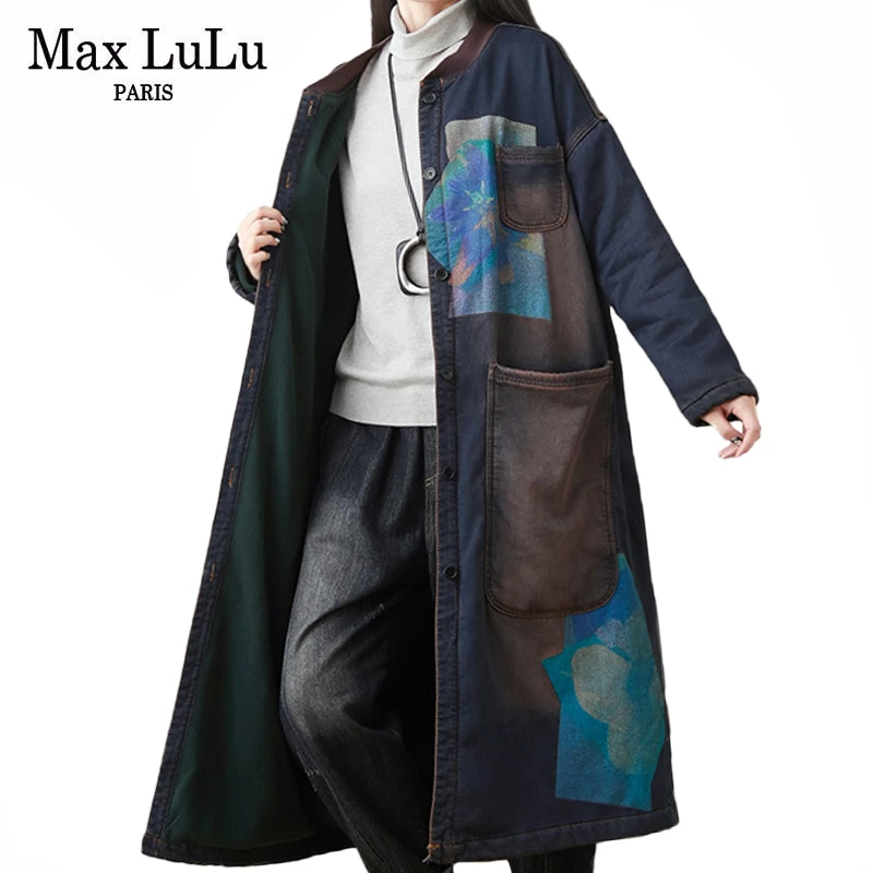 Max LuLu Winter Ladies Chinese Denim Thicken Trench Coats Womens Warm Long Fur Windbreakers Vintage Printed Oversized Clothing