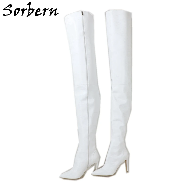 Sorbern Custom 110Cm Long Boots Women Matt White High Heel Unisex Genuine Leather Pointed Toe Red Lining US15 Crossdresser Shoes