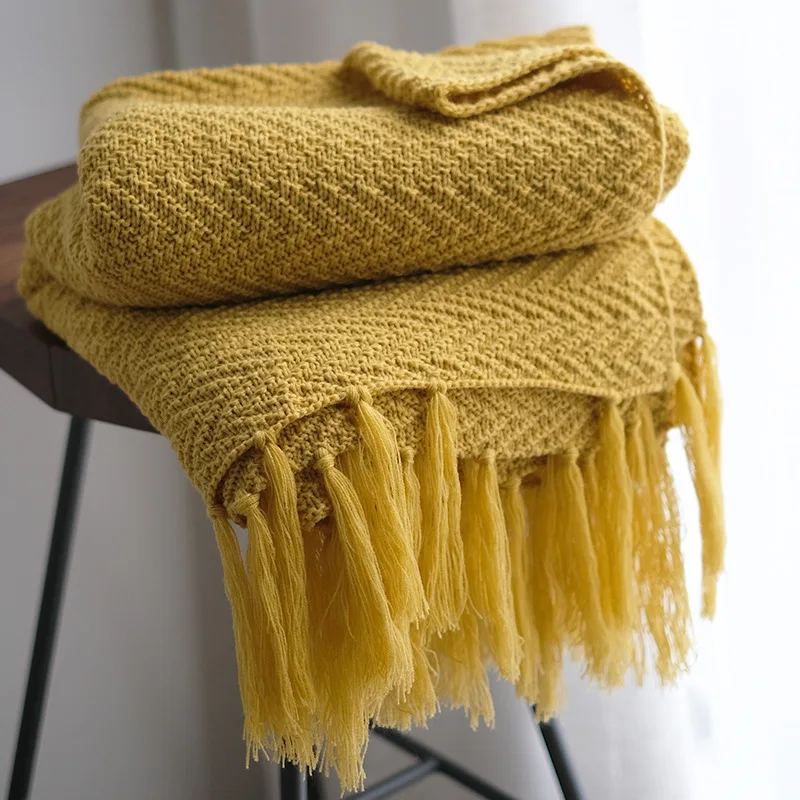 130X170CM Nordic Pure Color Knitted Blanket Blue Mustard Yellow Soft Tassel Sofa Blanket Rug Home Decoration Leisure Blankets