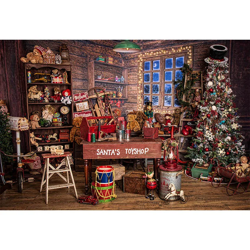 Chúc Giáng Sinh Phông Nền Mùa Đông Cây Santa Của Đồ Chơi Cửa Hàng Gấu Con Ngựa Thành Troia Nền Chụp Ảnh Photostudio Photocall Kiện Trang Trí