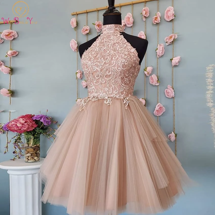 Lace Prom Dresses Pink Short Ball Gown Halter Neckline Appliques Sleeveless Formal Party Evening Gowns OPen Back Mini