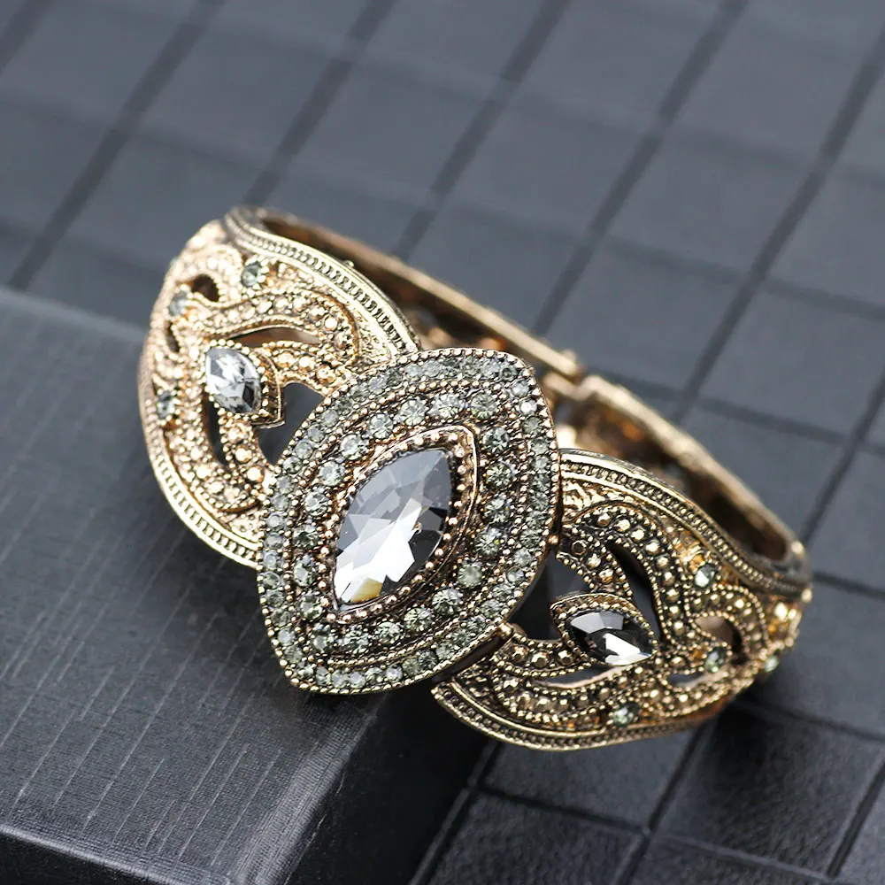 Sunspicems Vintage Bohemia Gray Crystal Bangle For Women Antique Gold Color Charm Bracelets Turkish Birdal Wedding Jewlery Gift