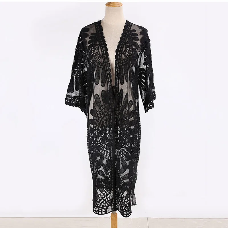 FORERUN Lace Beach Cover Up Women Kimono Playa Sun Flower Mesh Long Cardigan See Through Bikini Swimsuit Mujer Verano