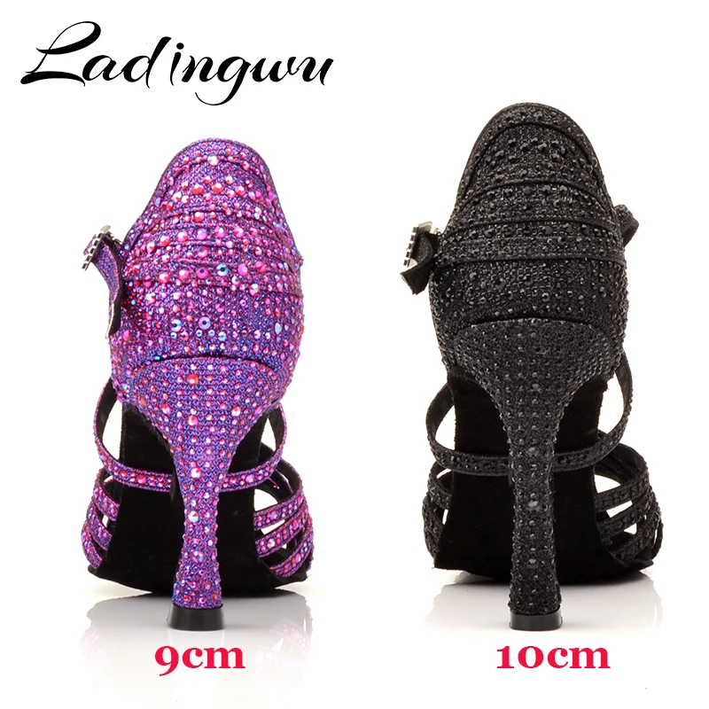 Ladingwu Latin Black Rhinestone Dance Shoes Women Salas Ballroom Shoes Cuba Heel 10cm Waltz Soft Bottm Hot Sale dance Shoes