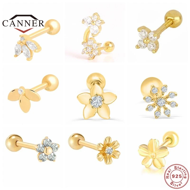 CANNER Real 925 Sterling Silver Small Flower Zircon Cartilage Stud Earrings for Women Elegant Piercing Earings Fashion Jewelry