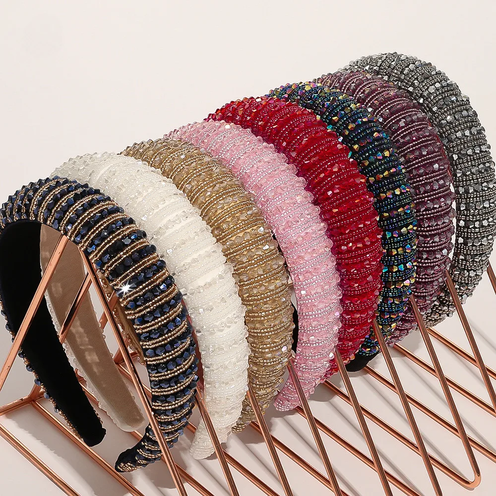 Hot selling European American fashion crystal rhinestone handmade wide-sided sponge Hairband for Women girls Headwear