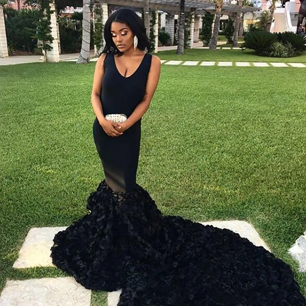 

New Black Sexy Prom Dresses Mermaid Lace Appliques Satin African Long Illusion Style Prom Gown Evening Dresses Robe De Soiree