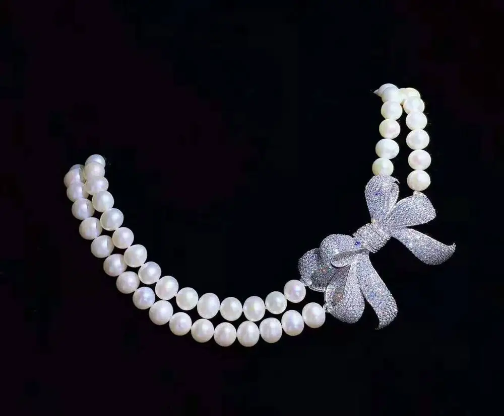 

Hand knotted 43-46cm 8-9mm white freshwater pearl butterfly micro inlay zircon accessories necklace