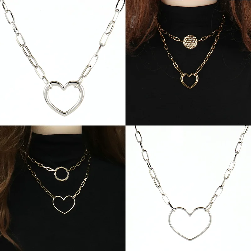 316L Stainless Steel Heart Necklaces For Women Punk Men Thick Chain Necklaces Round Pendant Choker Necklace Jewelry