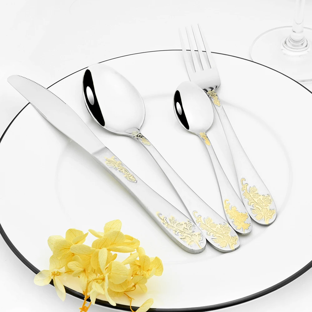 304 Stainless Steel Dinnerware Sets High Grade Knife Fork Spoons Cutlery Kits Gold Plated Floral Pattern Tableware Dropshipping