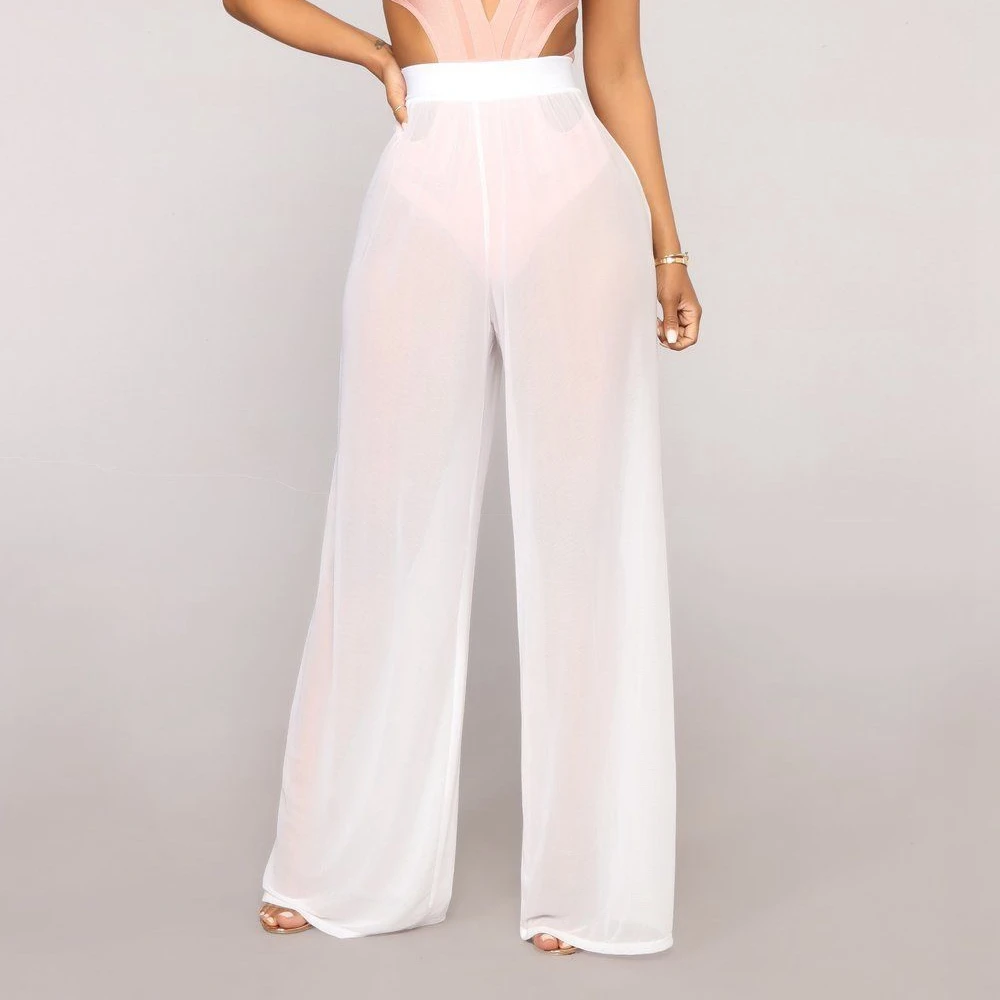 Women See Through Boho Wide Leg High Waist Trousers Beach Long Loose Mesh Sheer Pants Bikini Bottom Cover-Up Beachwear