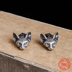 MKENDN Sphynx hairless cat Stud Earrings for Men Women Sterling Silver 925 Siamese cat Ear Studs Bijoux Anti-allergy Jewelry