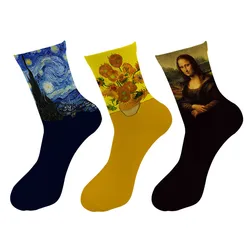 Chaussettes unisexes en coton imprimé Mona Lisa pour hommes et femmes, chaussettes rétro, peinture à l'huile, image d'art, tournesol, printemps, automne