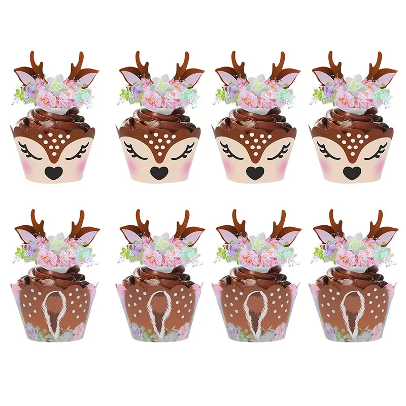12/24 stücke Cartoon Sika Deer Cupcake Wrapper Geweih Papier Kuchen Topper Frohe Weihnachten Weihnachten Neue Jahr Geburtstag Party Dekoration – Detail 6