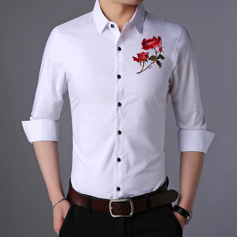 

New Man Embroidery Dresses Autumn Spring Floral Shirts Long Sleeve Male Casual Flowers Clothes