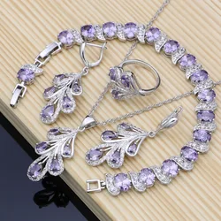Natural 925 Silver Bridal Jewelry Sets Purple CZ Costume Jewelry Kits For Women Earrings/Pendant/Rings/Bracelet/Necklace Set