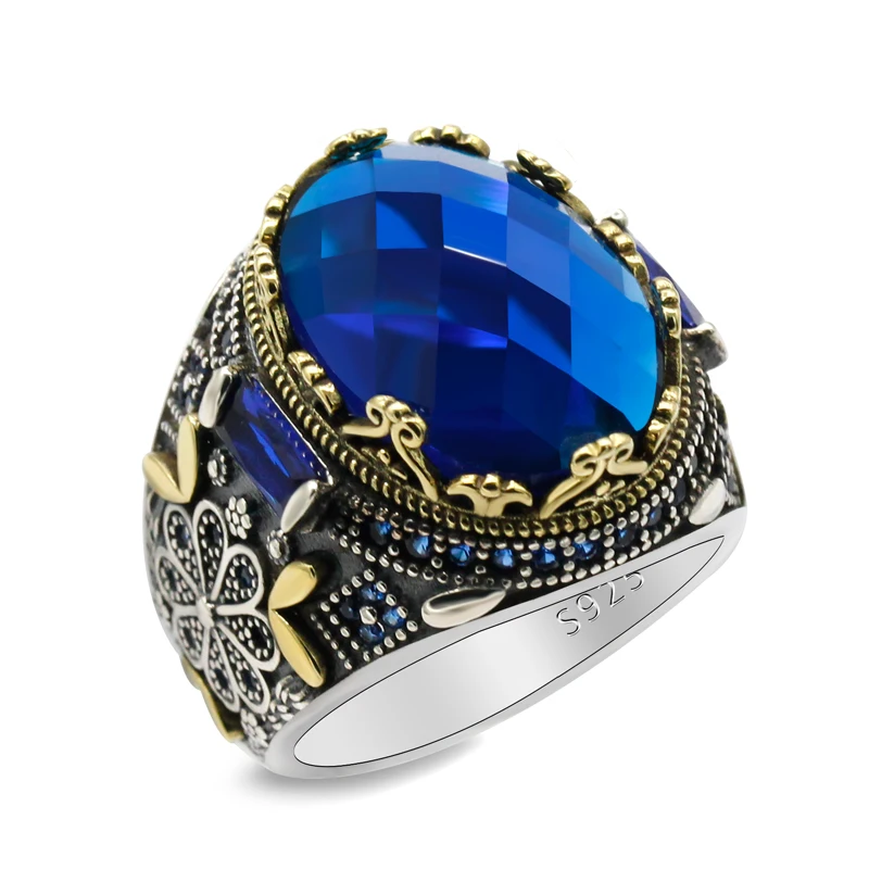 S925 فضة خاتم للرجال ، ريال فضة مجوهرات ، الشرير نمط ، الاصطناعي الأزرق الزركون ، التركية العتيقة ، الذكرى هدية