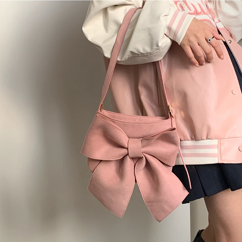 Retro Bowknot Women\'s Underarm Bag Solid Color Ladies Small Tote Shoulder Bags Female Cute Armpit Bag Cool Girls Pink Handbags