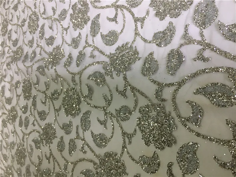 

Pretty Glued Glitter African Nigerian Lace Fabric H-80513 with Beautiful Flowers in Silver Color for Party Dress