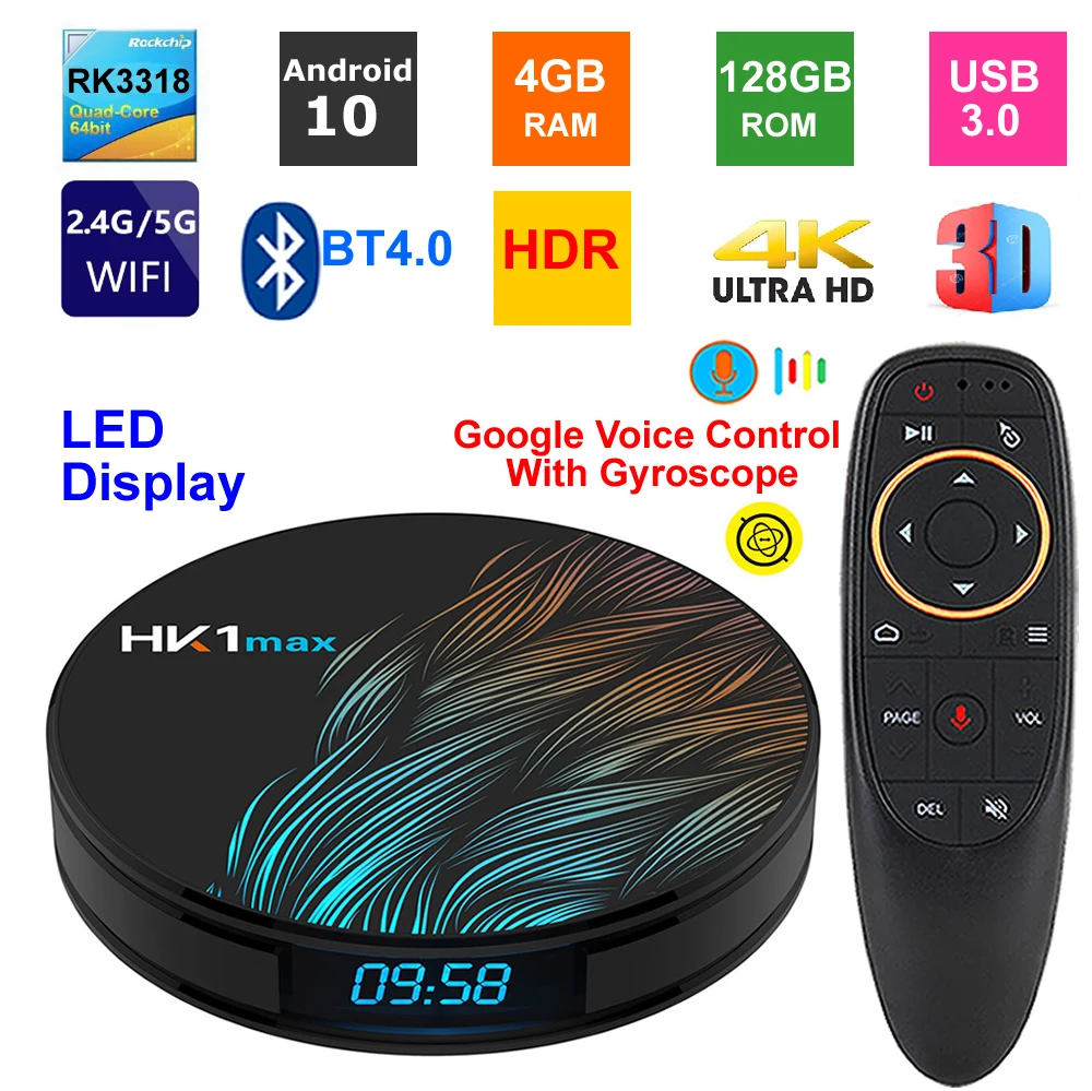 

HK1 MAX Android 10 Smart TV BOX RK3318 Quad Core 4GB RAM 128GB ROM 2.4G/5G Dual WIFI BT4.0 USB 3.0 3D 4K HDR Set Top Box