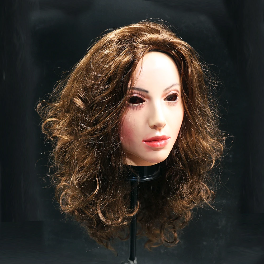 Realistic Latex mask Female Woman Face Halloween Latex Mask with Wig Lady Crossdressing Sissy Transgender Costume