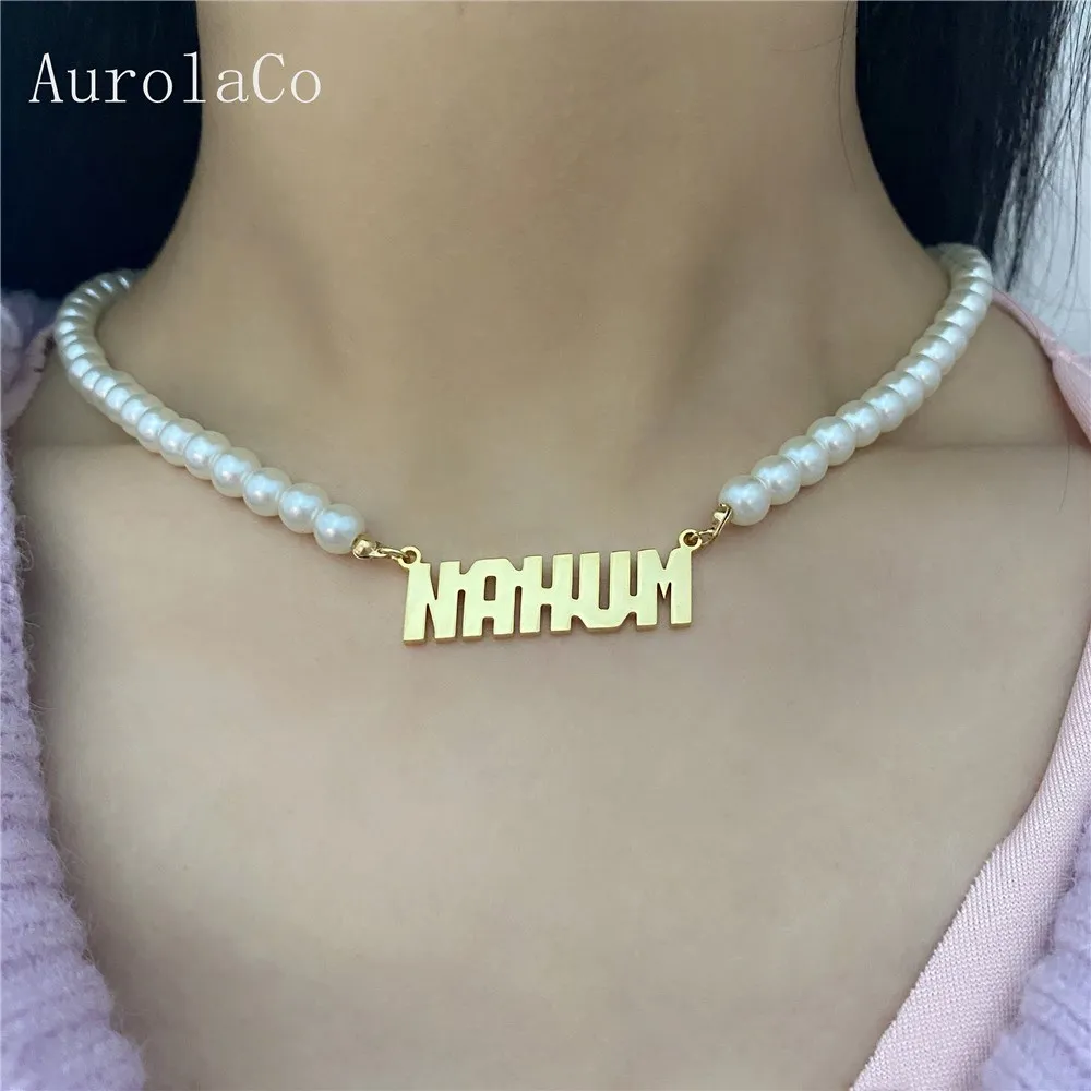 AurolaCo Customized Name Necklace Personalized Pearl Necklace Gold Pendant Nameplate Necklace For Women Jewelry Gift