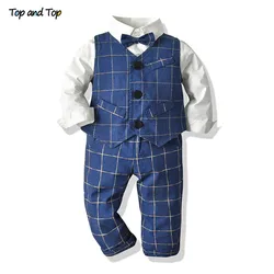 Top and Top Fashion Boys Gentleman Set Shirt+Vest+Trousers Children Plaid 3Pcs Suits Kids Boys Gentleman Clothes Outfits