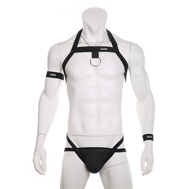 CLEVER-MENMODE seksowna męska bielizna zestaw szelki z paskiem na ramię G String Chest elastyczna opaska Jockstrap stringi Bondage Hollow Costume