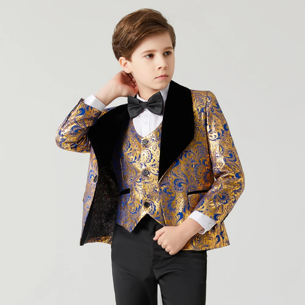 Suit for Boy communion wedding dress for boy kids Costume Children\'s Blue Gold suit Boys\' black collar suit 3PCS   Flower Boys