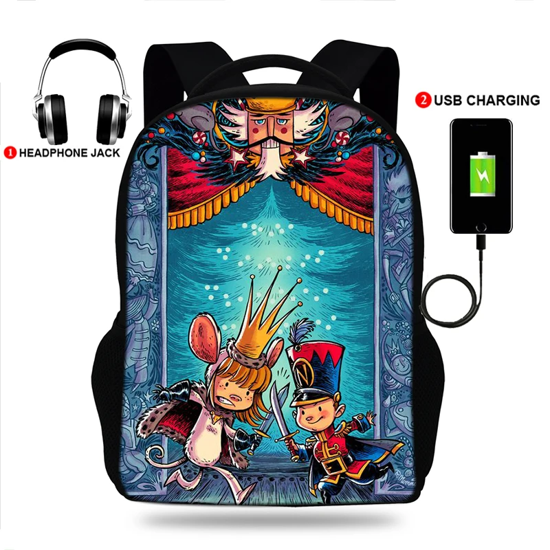 

Travel Large Capacity Backpack 17 Inch School Bags for Teenage Girls USB Charger Backpacks Red Nutcracker Print Schoolbag